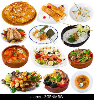 Different dishes of traditional Bulgarian cuisine with meat and vegetables isolated on white background Stock Photo