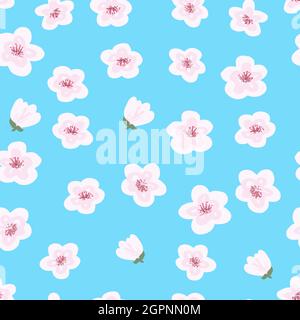 Seamless floral pattern with sakura flowers on a blue background. Stock vector illustration Stock Vector