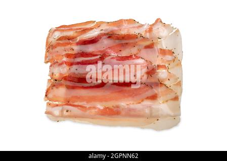 Sliceds bacon lard in top view isolated on white Stock Photo