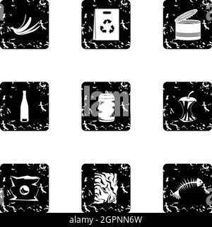 Rubbish icons set, grunge style Stock Vector