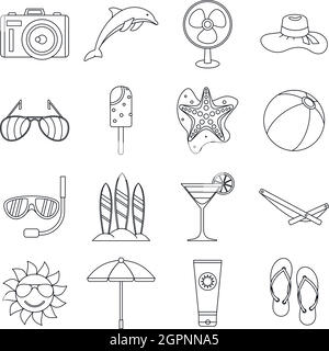 Summer rest icons set, outline style Stock Vector