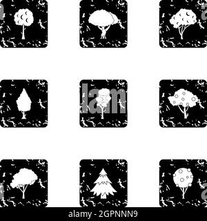 Trees icons set, grunge style Stock Vector