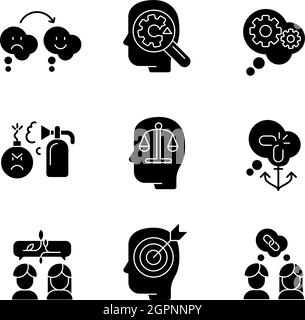 Critical mindset and attitude black glyph icons set on white space Stock Vector