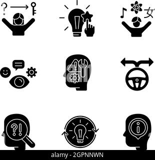 Self development skills black glyph icons set on white space Stock Vector