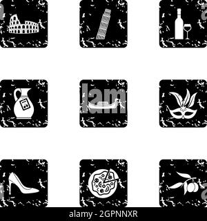 Italy icons set, grunge style Stock Vector