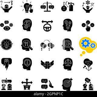 Critical thinking black glyph icons set on white space Stock Vector