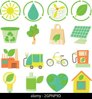 Ecology items icons set, cartoon style Stock Vector