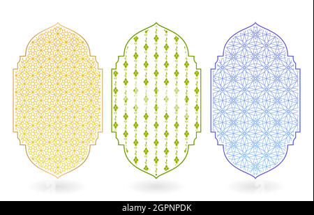 Three illustration Islamic pattern with frame isolated white background. applicable for banner, poster, flyer, greeting cards, invitation.