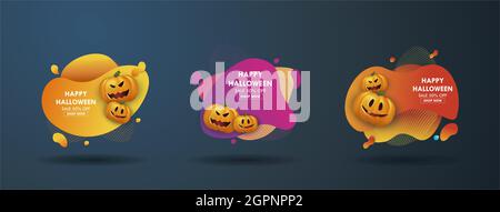 Liquid set banners for halloween celebration with scary face of pumpkins gold stars. Special seasonal offer. Stock Vector