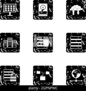 Computer protection icons set, grunge style Stock Vector