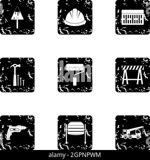 Construction icons set, grunge style Stock Vector