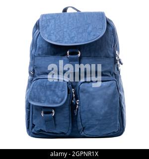 Blue backpack textile with flap. Isolated on a white background. Backpack with the pockets Stock Photo