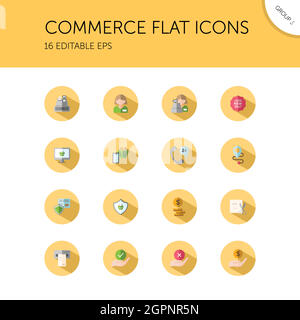 Commerce. People, cashier machine, phone, security, ticket, money and hands group. Isolated icon set in a circle. Flat vector illustration Stock Vector