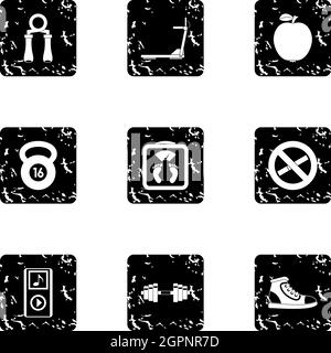 Fitness icons set, grunge style Stock Vector