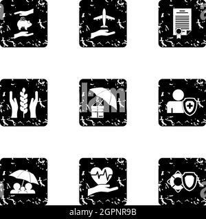 Insurance icons set, grunge style Stock Vector