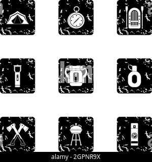 Vacation in forest icons set, grunge style Stock Vector