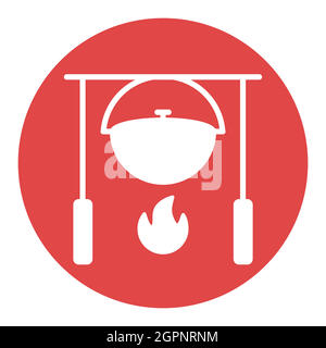 Camping pot over a bonfire vector white glyph icon Stock Vector