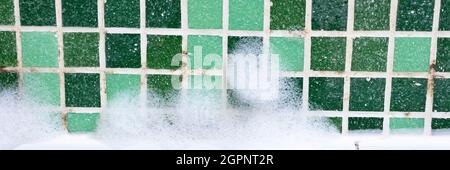 mold on joints between the ceramic tile in bathroom with a cleaning chemical foam. cleaning a black mildew dirt on the seams of mosaic tiles. dirty mo Stock Photo