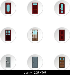 Types of doors icons set, flat style Stock Vector