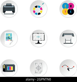 Printer icons set, flat style Stock Vector