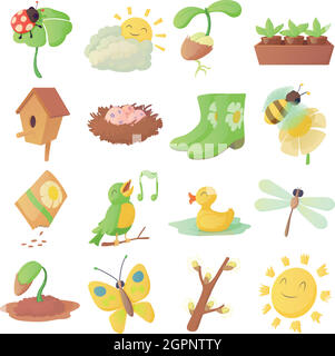 Spring things icons set, cartoon style Stock Vector