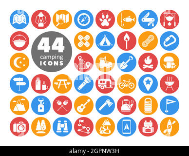 Camping, Hiking and Outdoor Activities icons set Stock Vector