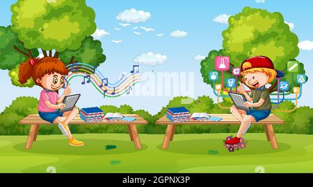 Kids leaning online with tablet in the park illustration Stock Vector