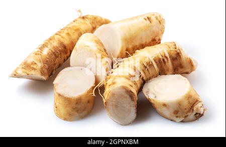 Horseradish roots close up isolated on white background. Stock Photo