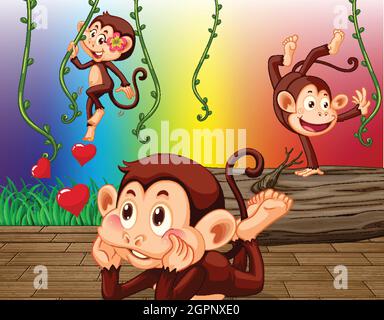 Funny monkeys hanging on liana on rainbow gradient background illustration Stock Vector