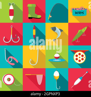 Fishing tools items icons set, flat style Stock Vector