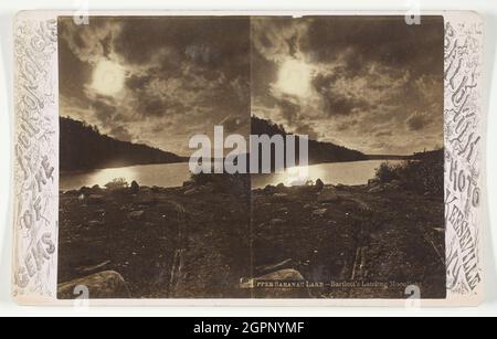 Upper Saranac Lake - Bartlett's Landing Moonlight, late 19th century. [Lake in the Adirondacks in northern New York State, USA]. Albumen print, stereocard, from the series &quot;Gems of the Adirondacks&quot;. Stock Photo