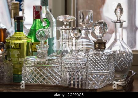Cut glass decanters in Spanish villa, Mallorca Stock Photo