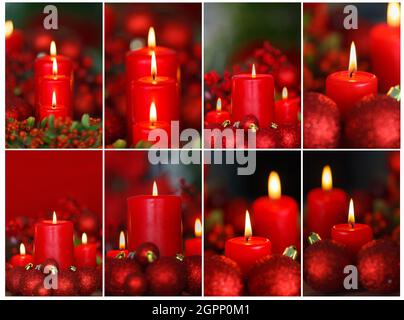 Red Christmas candles and ornaments over a blurry background Stock Photo