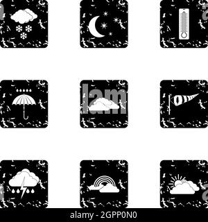 Weather outside icons set, grunge style Stock Vector