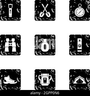 Hike icons set, grunge style Stock Vector
