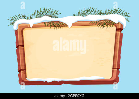 Wood planks with parchment paper, snow and pine branches in cartoon style isolated on white background. Frame, holiday panel, menu. Empty gui asset, s Stock Vector