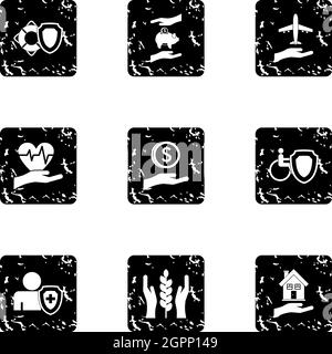 Assurance icons set, grunge style Stock Vector