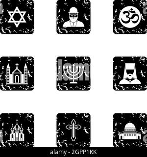 Religious faith icons set, grunge style Stock Vector