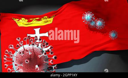 Covid in Gdansk - coronavirus attacking a city flag of Gdansk as a symbol of a fight and struggle with the virus pandemic in this city, 3d illustratio Stock Photo
