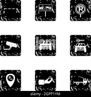 Valet parking icons set, grunge style Stock Vector