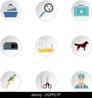 Veterinary animals icons set, flat style Stock Vector