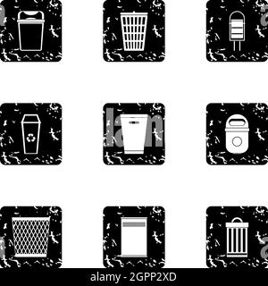 Trash can icons set, grunge style Stock Vector