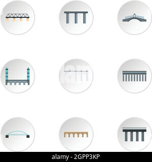 Facility for crossing river icons set, flat style Stock Vector