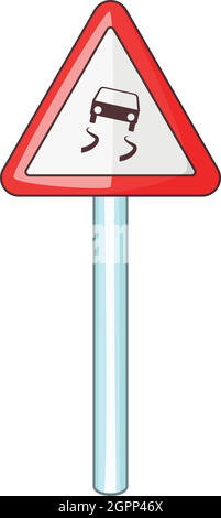 Slippery when wet road sign icon, cartoon style Stock Vector