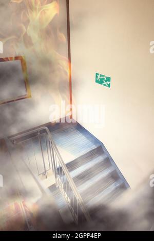 Big fire on the staircase in office building Stock Photo