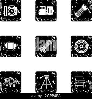 Photographic icons set, grunge style Stock Vector
