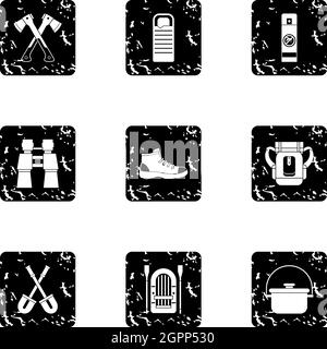 Camp icons set, grunge style Stock Vector