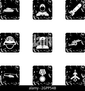 Equipment for war icons set, grunge style Stock Vector