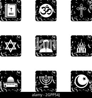 Religion icons set, grunge style Stock Vector
