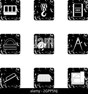 Construction icons set, grunge style Stock Vector